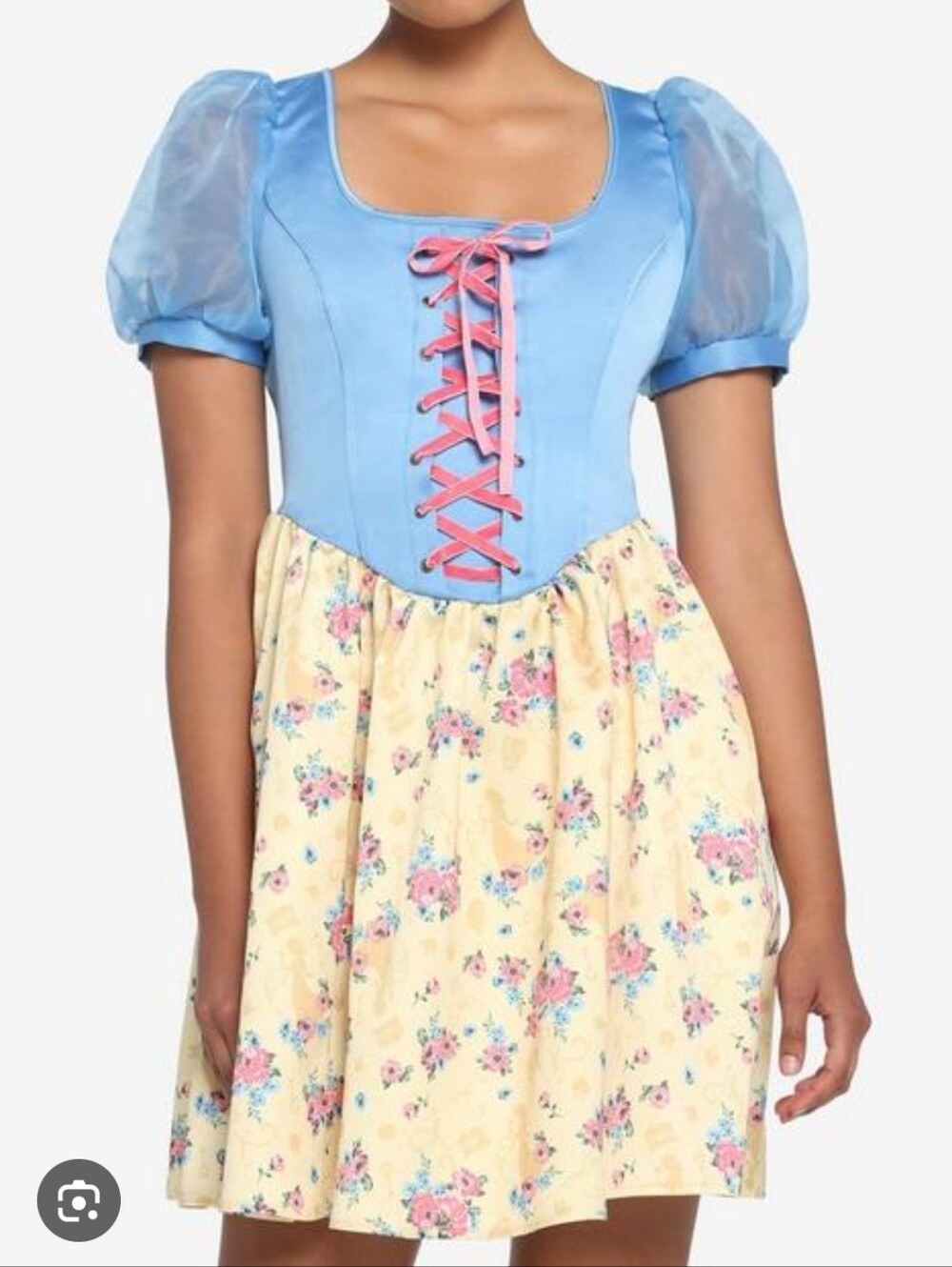Her Universe Snow White Inspired Blue & Yellow Floral Lace-Up Puff Sleeve Dress
